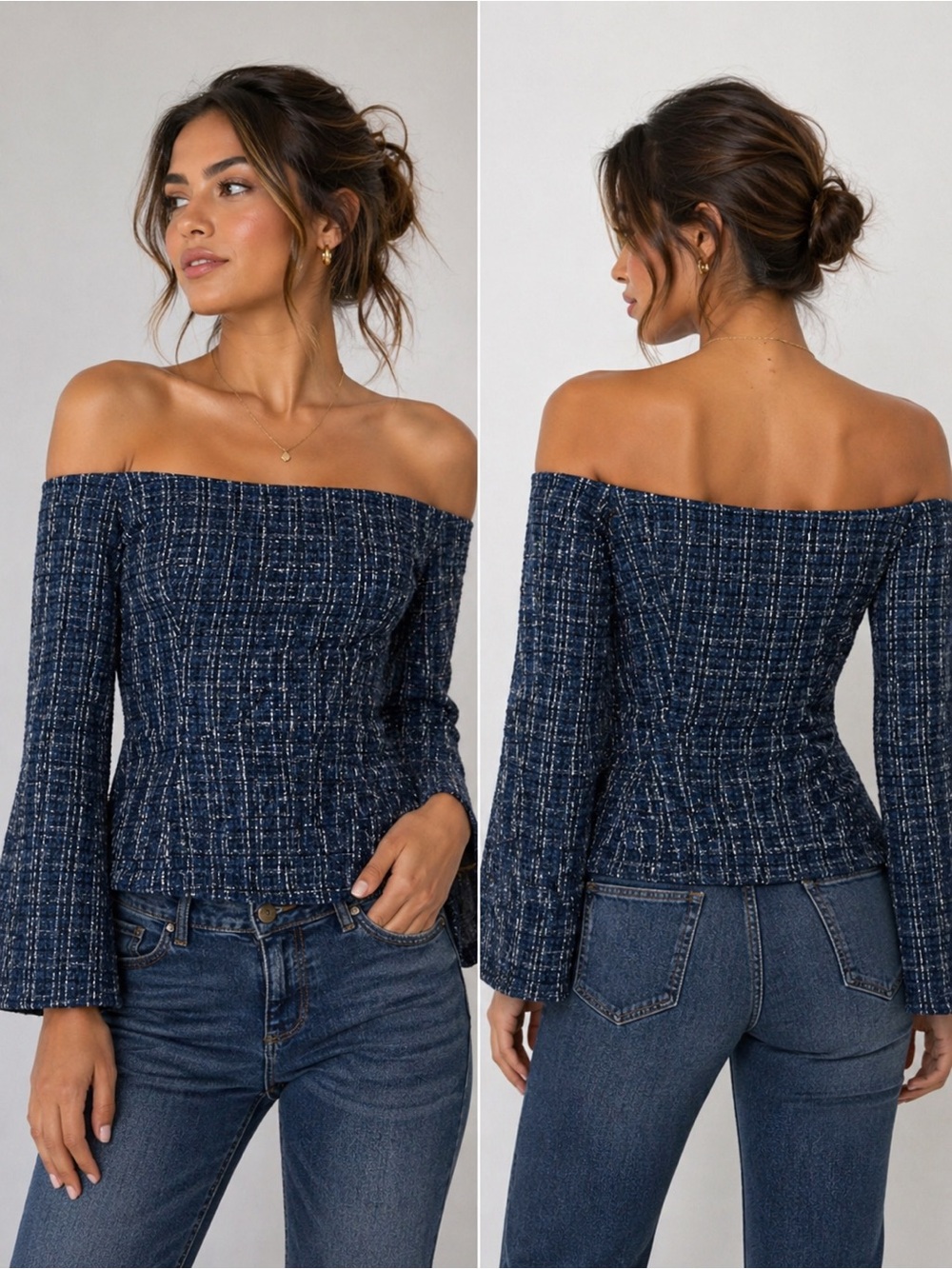✨ NWT Zara Off-Shoulder Tweed Top – Chic Statement Piece 💙✨